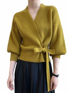 Cardigan tricoté femmes hiver court pull en tricot femme coréenne chic col en v à lacets cardigans irréguliers taille mince tricots hauts S8up #