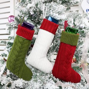 Chaussettes de noël tricotées en laine rouge vert blanc, bas tricoté pour arbre de noël, sacs cadeaux de bonbons suspendus, décor de noël