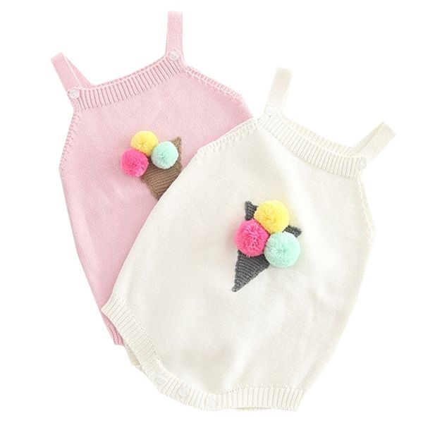 Vêtements tricotés Born Girl Coton Crème Glacée Pompon Combinaisons Sans Manches Bébé Filles Barboteuse Garçons Combinaison 210417