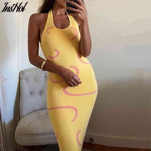 Tricoté coton robe moulante femmes Y2K licou cou été jaune sans manches Midi dos nu fête Sexy robes plage 210514