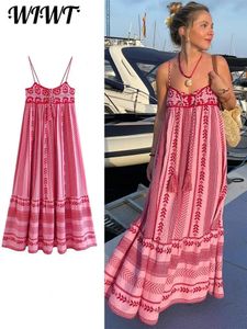 Robe de glissement de plage imprimé au crochet en tricot Femmes Elegant Sans manches sans manche Lacet Up Up Robes en ligne Femelle Venture de vacances décontractée 240411