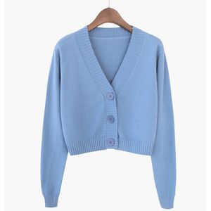 Gebreide Crop Cardigan Vrouwen Koreaanse korte trui Lange mouw V-hals Groenblauw 210419