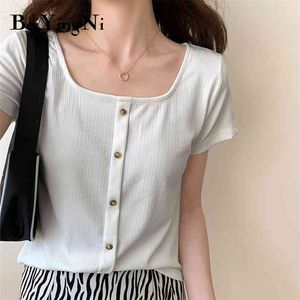 Tops cultivés tricotés Kawaii jeune Kawaii Boutons coréens à manches courtes T-shirt Femme Mignon Solide Casual Tee shirts Femmes 210506