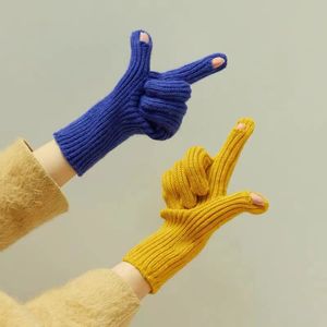 Gebreide handschoenen, Koreaanse Klein blauwe wollen handschoenen, winter dameswarmte, touchscreen, zichtbare vingers, gespleten vingers voor fietsen