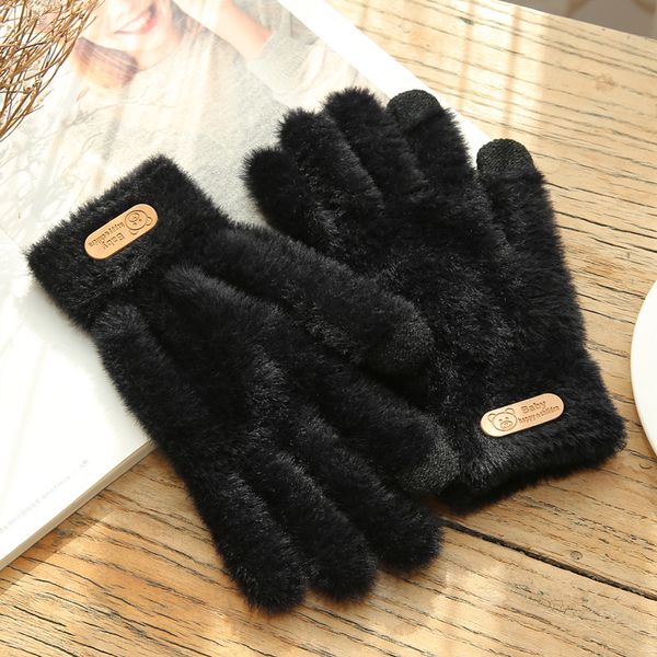 Guantes tejidos para invierno, cálidos guantes de piel con pantalla gruesa, manoplas sólidas para teléfono móvil, tableta, guante de lana de Cachemira para mujer