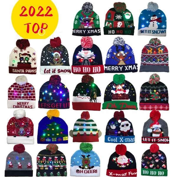 Bonnet de Noël tricoté à LED Illuminez le chapeau chaud Arbre de Noël Bonhomme de neige Enfants Adultes Nouvel An Décor de Noël GC1014