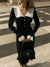 Suéter plisado de punto para mujer, vestido midi ultrafino con botones de manga larga elegante, chaleco de solapa para mujer de otoño e invierno 240313
