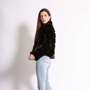Lapin tricoté pour femmes, manteau court à manches longues noir haut de gamme, manteau de fourrure 307749