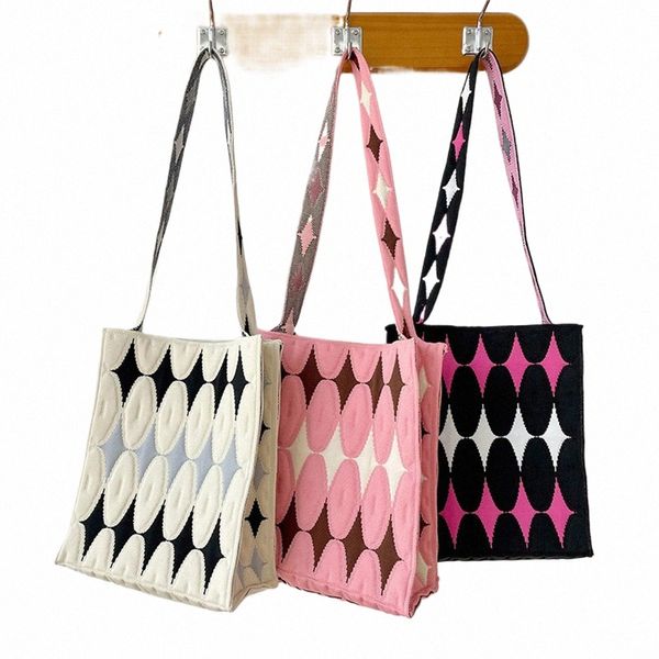 Sac en réseau rhombique en trinage Femmes Tote Tote Sacs à bandoulière rétro Plaid Sac à main femelle Boutique de voyage décontractée sac B4XF #