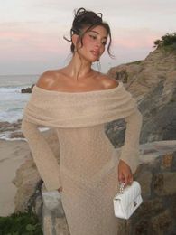 Robe de plage tricotée transparente pour femmes, Sexy, ajouré, épaules dénudées, Slim, Maxi, élégante, manches longues, soirée en boîte de nuit, été 240401