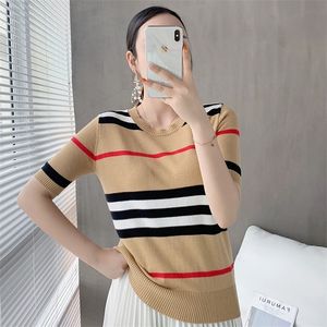 tricoté rayé à manches courtes t-shirt femmes lâche sauvage col rond coton et lin demi manches pull en laine top 220328