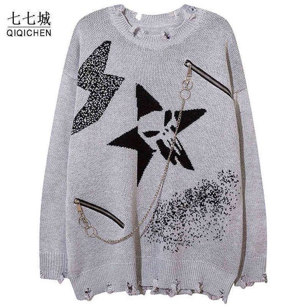 Pull tricoté Hommes Lightning Star Skull Jumpers Pull Gothique Punk Rock Chaîne Pull Tricoté Oversize Casual Streetwear Tops T220730