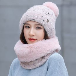 Chapeau de flocon de neige tricoté à pois doux et écharpe en peluche de vison, ensemble de 2 pièces, chapeaux d'hiver pour femmes, bonnets Skullies épais et chauds pour femmes 234D