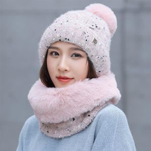 Pot doux tricoté Beau chapeau de flocon de neige et fou de vison peluche 2pcs Set Winter Women's Chapeaux de Skullies chauds épais femelles 238k