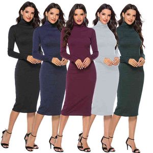 Gebreide Coltrui Midi Bodycon Jurk Herfst Winter Dames Casual Lange Mouw 5XL Plus Size Jurken Slanke Elastische Vrouwelijke Vestidos G1214