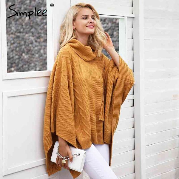 Suéter de cuello alto tejido capa mujer casual gris invierno jersey poncho otoño streetwear cálido negro capas tops 210414