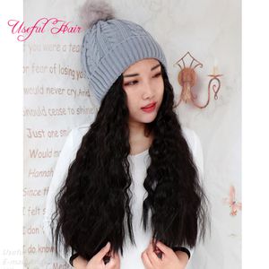 Bonnet de laine tricoté perruques Fashion Girl One-piece Wig Casquette de baseball avec Nature Long Big Wave Cheveux synthétiques bouclés Cheveux de chapeau de pêcheur