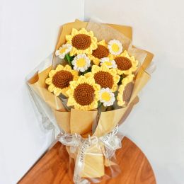 Breien 10 -st toe handgeknakte garen haakhaak zonnebloemt boeket handgemaakte daisy tulip roze decoratieve bruiloft tabel creatief decoreren cadeau