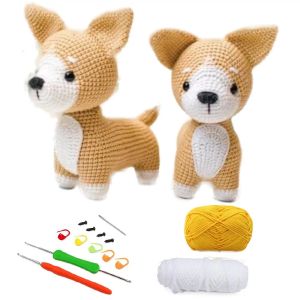 Kit de démarrage au crochet Corgi mignon, fil à tricoter à la main, poupée en peluche facile pour adultes et enfants, comprend des accessoires de crochet pour fil
