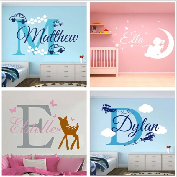 Joyreside-pegatina de pared con nombres personalizados para el hogar, dormitorio, nombre personalizado, chica, coche, avión, Ángel, ciervo, dinosaurio, ballena, corona, calcomanía