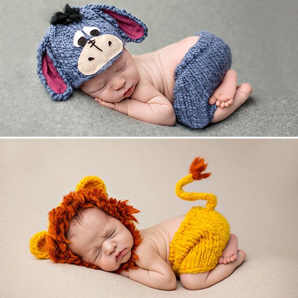 Tejer sombrero suave pantalones conjunto accesorios de ropa de bebé lindo animal bebe recién nacido fotografía props lionet / polluelo / tigre 0-4 meses 210315