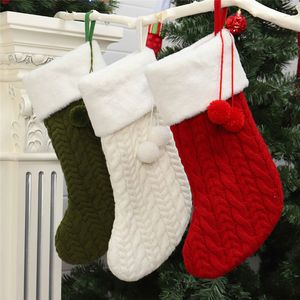 Bas de noël en laine tricotée, blanc, vert, rouge, ornement d'arbre, sacs cadeaux tricotés pour père noël, chaussettes suspendues