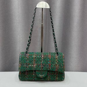 Tricoter Laine Tweed Designer Vert Classique Double Rabat Sac Or/Argent Métal Matériel Matelasse Chaîne Femmes Bandoulière Épaule Sac À Main Mode Bourse Fourre-Tout 20/25cm