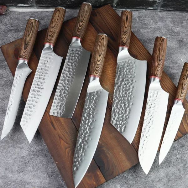 Ensemble de couteaux en acier inoxydable, marteau forgé, couteau de boucher à désosser, Chef japonais Santoku, couperet de coupe, outils de barbecue 17 pièces