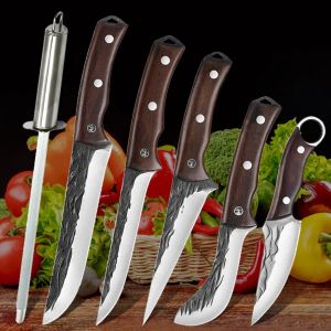 Cuchillos Cuchillo para deshuesar forjado a mano Cuchillo de carnicero con alto contenido de carbono Afilador de acero inoxidable Palo Cuchillos utilitarios afilados Caza BBQ