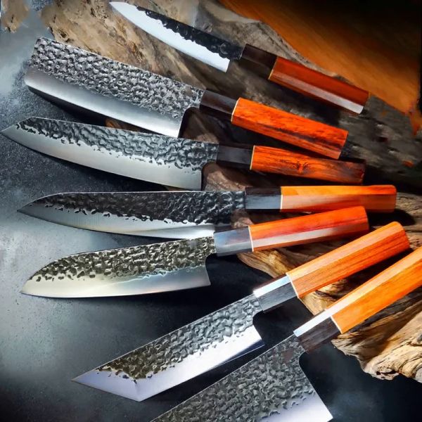 Cuchillos japoneses Sashimi Santoku, 17 piezas, Juego de cuchillos de Chef forjados a mano, filete de pescado, mango de madera, cuchillo de carnicero, herramientas para acampar y barbacoa