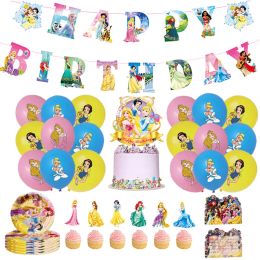 Couteaux Six Princesses décoration de fête à thème princesse joyeux anniversaire drapeau décoration de gâteau ensemble de ballons en Latex fournitures d'assiettes en papier