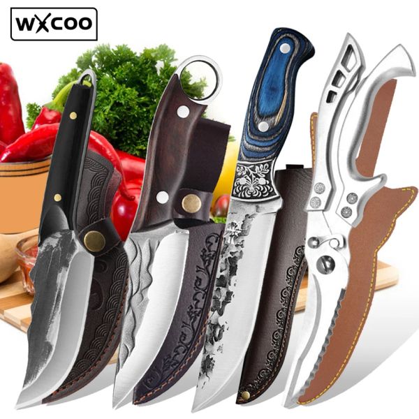 Cuchillos de acero inoxidable forjado a mano, cuchillo para deshuesar, cuchillo de carnicero, cuchillo para cortar frutas, cuchillos de cocina para Chef, tijeras, herramienta para barbacoa