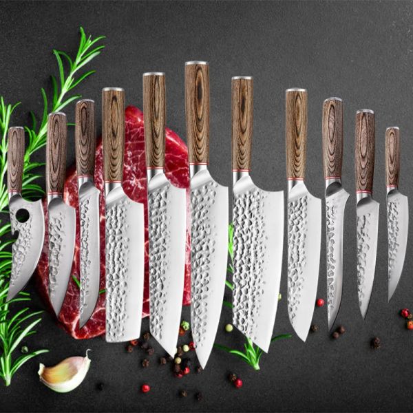Ensemble de couteaux de cuisine en acier inoxydable, marteau forgé, couperet à viande de boucher, couteau à désosser, couteau à trancher les légumes tranchants, outil de barbecue