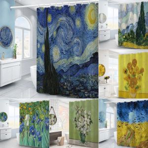 Messen Van Gogh Sterrennacht Douchegordijn Olieverfschilderij Abstracte kunst Blauwe lucht Witte wolk Ster Maan Landschap Badkamer Decor met haken