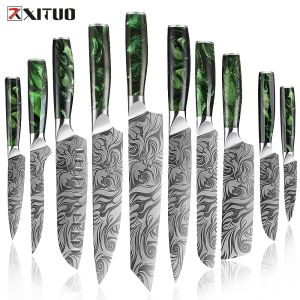 Couteaux Xituo 110pcs Luxury Chef Knife Set Ultra Sharp Kitchen Santoku Offing Knives Série Damas Pattern Model Knife Green Resin Handle