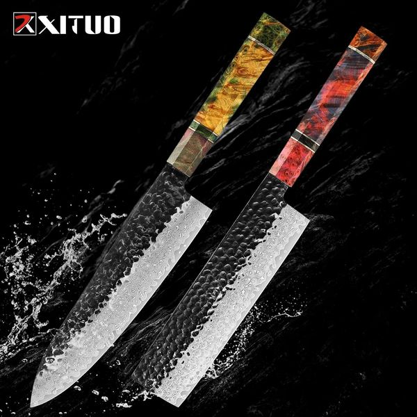 Cuchillos XITUO, cuchillo de cocina Original de acero damasco forjado VG10, cuchillo Nakiri de acero inoxidable de Damasco de 67 capas, cuchillo de Chef