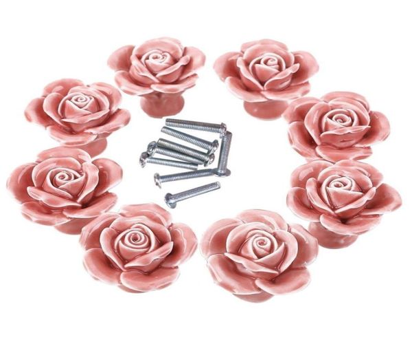 Boutons, 8 pcs élégants roses rose s fleur en céramique boucles poignées de tiroir en placard + vis442070