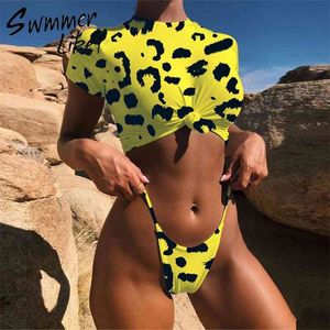 Knoop Crop Top Bikini Leopard Badmode Vrouwen Barmers Geel Push Up Badpak Vrouwelijke T-shirt Thong Bikini Sexy Badpak T200713