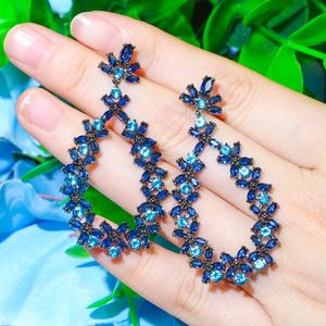 Noeud CWWZircons Drop Dangle Cluster Fleur Feuille Bleu Foncé Cubique Zircon Cristal Longue Fête Boucles D'oreilles pour Femmes Designer Bijoux CZ733