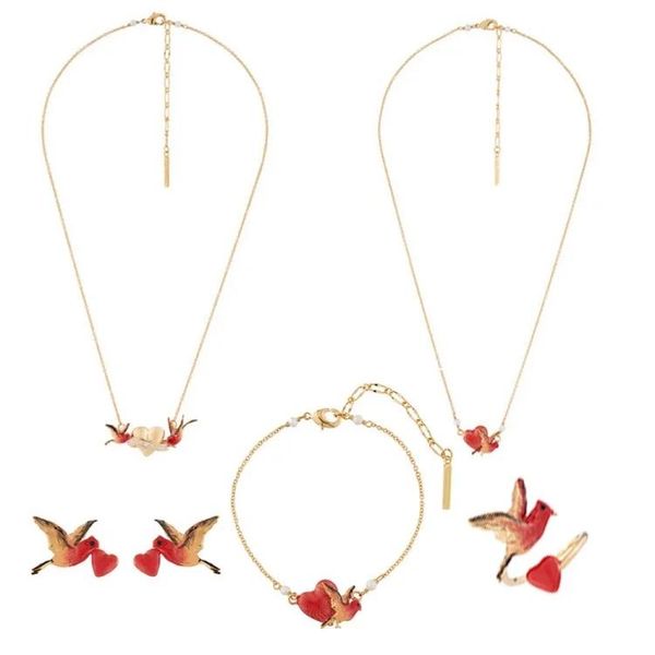 Boucles d'oreilles avec nœud en émail rouge, oiseau d'amour, collier, Bracelet, bijoux pour femmes, tendance 2022