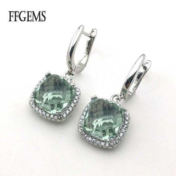 Nudo FFGems Natural verde cristal cuadrado piedra grande colgar Sterling 925 pendiente de gota de plata para mujer fiesta caja de regalo de boda al por mayor