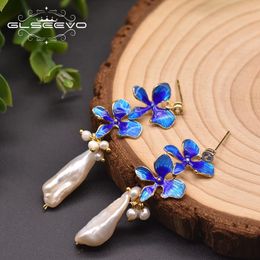 Noeud GLSEEVO naturel eau douce perle baroque fleurs cloisonnées balancent boucles d'oreilles pour les femmes cadeau de fête bijoux faits à la main GE0978