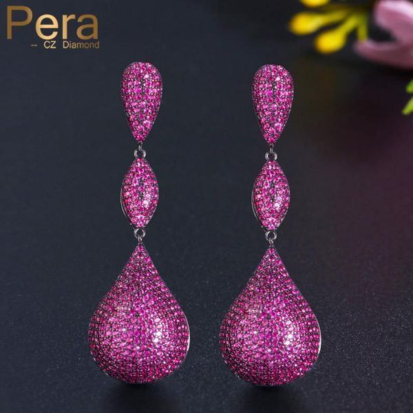 Nudo Pera lujo gran bola de discoteca Rosa caliente CZ piedra estética negro oro Color largo compromiso pendientes colgantes para fiesta para mujer E597