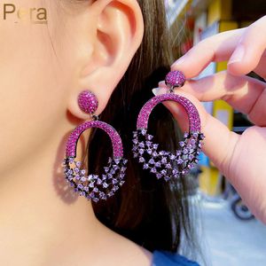 Noeud Pera précieux rose vif violet CZ pierre longue couleur or noir grand rond boucles d'oreilles pendantes pour les femmes rendez-vous bijoux E841