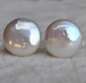 Knoten perfekter Perlenschmuck, AAA 1314 mm weiße Farbe, Münzform, echte Süßwasserperlen-Ohrringe, riesiger Perlenschmuck, Hochzeit