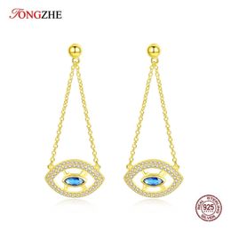 Nudo TONGZHE Lucky Evil Eye 925 pendientes colgantes de plata esterlina Original piedra azul oro amarillo pendientes coreanos de mujer joyería de moda