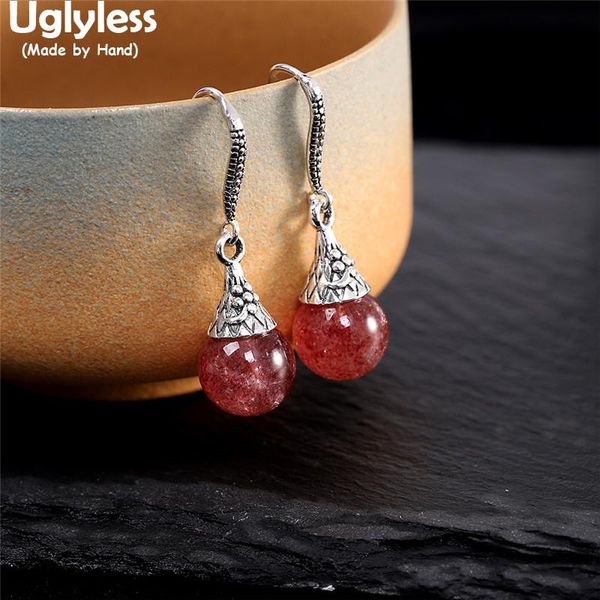 Pendientes de cuarzo fresa Natural para mujer, aretes con nudo sin brillo, más hermosos que las fotos, joyería de plata auténtica 925 Brincos de plata tailandesa