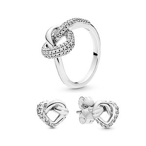 Juego de anillos de aretes de corazón anudado para Pandora 925 Joyas de diseñador de plata esterlina para mujeres Niñas Diamante de cristal Anillos de aretes de amor de lujo con caja original