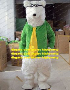Costume de mascotte bien informé ours blanc ours polaire ours de mer déguisement avec sourcils courts chemise verte cravate jaune No.6820