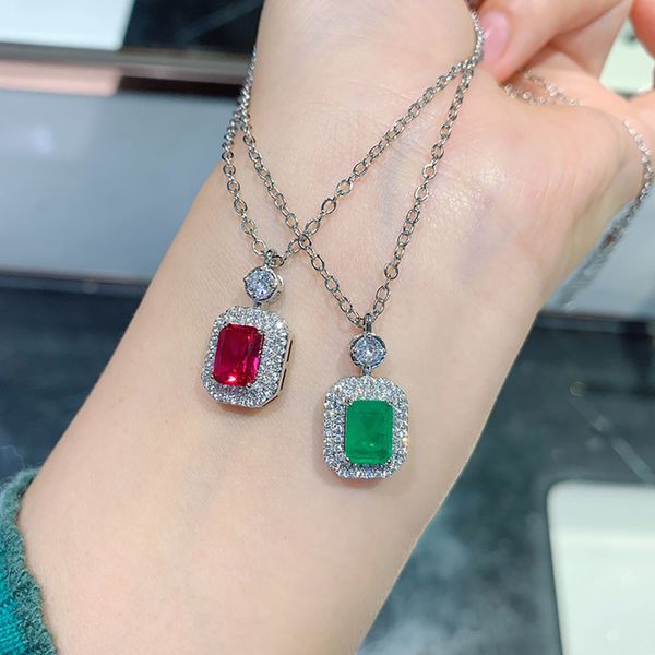 KNRIQUEN 6 * 8mm Simulation Ruby Emerald Lab Diamond Pendentif Collier 925 Sterling Argent Naturel Pierre Chaînes Fine Femmes Bijoux Q0531